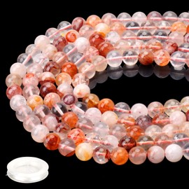 70PCS Natural 8MM Healing Gemstone, Red Hematoid Quartz Energy Stone Round Loose Beads, Semi-Precious Crystal Beads with Free Elastic String for Jewelry Making DIY