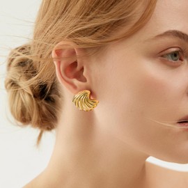 POVIK Big Gold Statement Earrings for Women Trendy, 18K Gold Chunky Earrings Big Shell Wings Textured Dome Earrings Drop Earrings Lightweight Dainty Vintage Jewelry Mother's Day Gift for Her