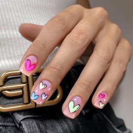 YOSOMMK Press on Nails Short Square Fake Nails with Cartoon Heart Designs Cute Matte Colorful Full Cover Stick on Nails Glue on Acylic Nails for Women and Girls