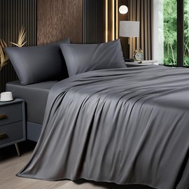 Shilucheng Bamboo Sheets Set 4/6 Pc, Cooling Breathable & Hotel Luxury Super Silky Soft, 16-18" Deep Pocket, Wrinkle, Fade Resistant Springtok:_Bamboo-Black_Queen_6PC