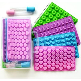 Juego de 4 moldes para gomitas, caramelos, gelatina, para 201 dulces, con 2 goteros, cepillo de limpieza, caja de almacenamiento, con diseños de oso, corazón, dinosaurio, dona, moldes antiadherentes