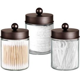 Apothecary Jar Canisters Bathroom Vanity Organizer - Qtip Holder Storage Organizer Countertop -Stainless Steel Lids &Cute Stickers for Qtips,Cotton Swabs,Makeup Sponges,Floss(3 Pack ) (Bronze)