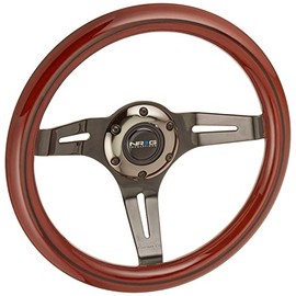 NRG Innovations ST-310BRB-BK Classic Dark Wood Grain Wheel (Black Line Inlay, 310mm, 3 spoke center in Black Chrome)