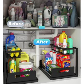 Goroovr Under Sink Organizer, Pull Out Cabinet Organizer for Kitchen, 2 Tier Sliding Metal Storage and Organizer for Bathroom, Black Laundry Room Bathroom Storage (2 Pack)