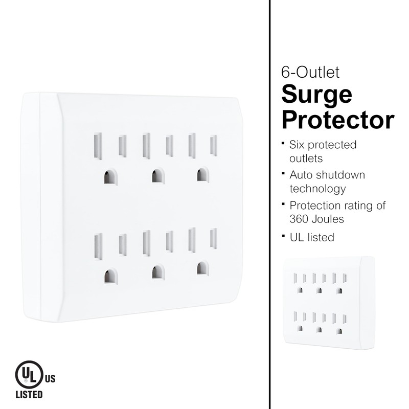 GE 6-Outlet Extender Surge Protector, Tamper-Resistant Safety Outlets, Automatic Shutdown