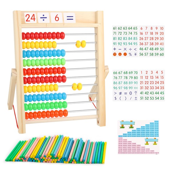 NVIYAM Abacus Wood Calculator Game Abacus Primary School for Children Wooden Abacus for Children Wooden Montessori Arithmetic Aid with 100 Counting Sticks and Number Cards