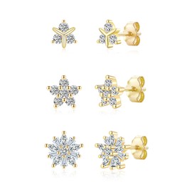 Gold Earrings Set for Women Girls, 3 Pairs Flower Studs | Hypoallergenic Small Cubic Zirconia Helix Earrings Dainty Tragus Cartilage Jewellery Christmas Birthday Gifts