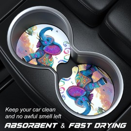 Aiawoxc Car Cup Holder Coasters, 2 Pack Universal Auto Anti Slip Insert Coaster with A Finger Notch, Cute Car Assecories for Women Men, Cup Mat for Most Interior, Colorful Elephant