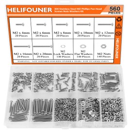 HELIFOUNER 560 Pieces M2 x 4mm /6mm /8mm /10mm /12mm /16mm /20mm, Phillips Pan Head Machine Screws, Metric Screws Bolts Washers Nuts Kit, 304 Stainless Steel