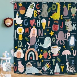 Riyidecor Kids Alphabet Shower Curtain for Bathroom Decor 72Wx72H ABC Educational Learning Baby Tool Cartoon Animals Colorful Girls Boys Art Printed Fabric Polyester Waterproof 12 Pack Plastic Hooks