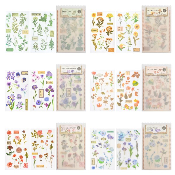 WANDIC Flower Rub On Stickers, 6 Styles 12 Sheets Natural