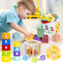 5 in 1 Montessori Baby Toys 6–12 Months Newborn Toy Suction Cup Spinner Toy for Baby Pull String Infant Teething Toys Building Blocks Tissue Box Toy Baby Sensory Bin for 1 2 3-Year-Old Boy Girl Gift