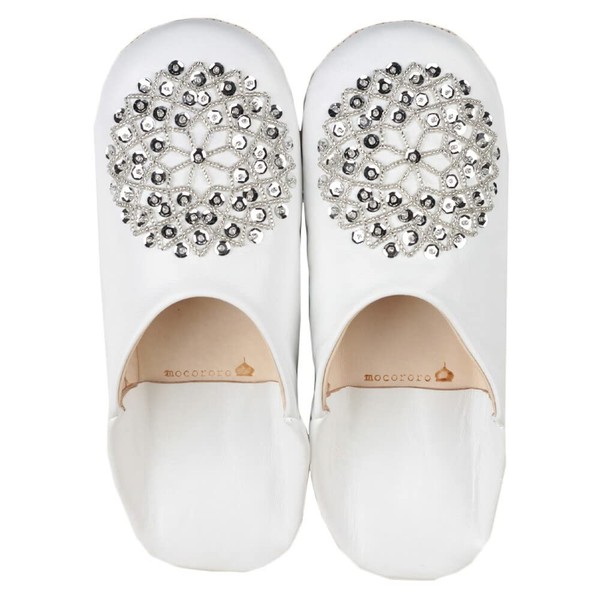 mocororo Luxe Babouche, Genuine Leather, Beads & Sequins, Women’s Slippers, For Wearing Indoors - white