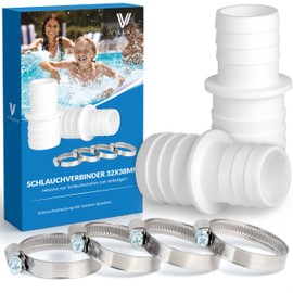 2 x Hose Connectors with 4 x Hose Clamps for the Pool - Hose Nozzle in Pack of 2 (32 mm x 38 mm, White)