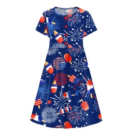 Patriotic Fourth of July Swing Dresses Kid Girl American Flag Memorial Day Button Tunic Dress 13-14 Years