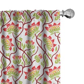 Ambesonne Art Nouveau Curtains, Boho Vibrant Japanese Flower Spring Leaf Foliage Rural Style Art, Window Treatments 2 Panel Set for Living Room Bedroom, Pair of - 28" x 63", Green Red