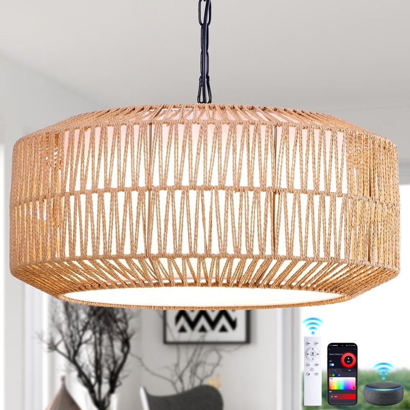 Lovefindahome Large Handwoven Rattan Pendant Light, Boho Wicker Chandelier for