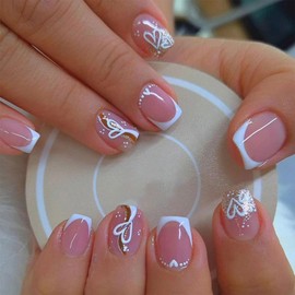 Kabwea 24 Pieces White French Tip Press on Nails, Short Square Artificial Nails with Glitter, Press on Nail