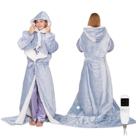Electric Heated Blankets Hoodie for Women with Removable FootPocket,Comfy Wearable Heated Throw with Sleeves Warming Heated Robe Flannel&Sherpa Heating Wrap Poncho Shawl with 9 Temp Queen Size 50"x80"