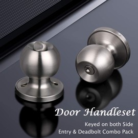 2 Pack Entry Door Knobs with Double Cylinder Deadbolt, Same Keys One Keyway Door Handlesets, Satin Nickel Finish-Keyed on Both Side