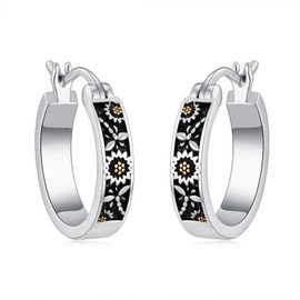 VONALA Sunflower Dragonfly / Daisy Bees / Ladybird / Butterfly Filigree / Feathers Hoop Earrings Sterling Silver Flower Hoop Earrings Small Huggie Earrings Jewellery for Women, Sterling Silver