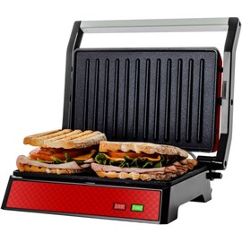 OVENTE Electric Indoor Panini Press Grill and Sandwich Maker with Non-Stick Coated Plates, Cool-Touch Handle and Removable Drip Tray, Opens 180 Degrees to Fit Any Type or Size of Food, Red GP0540R