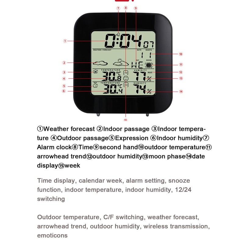 Wireless Weather Station Indoor Outdoor Thermohygrometer Electronic Digital Clock TS‑73