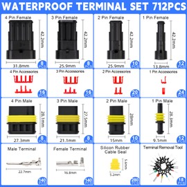 Pack of 712 Waterproof Car Cable Connectors, 1/2/3/4 Pin Car Plug, Electrical Connector, Cable Connector Plug, with Male and Female Wire Seals, Removal Tool Set