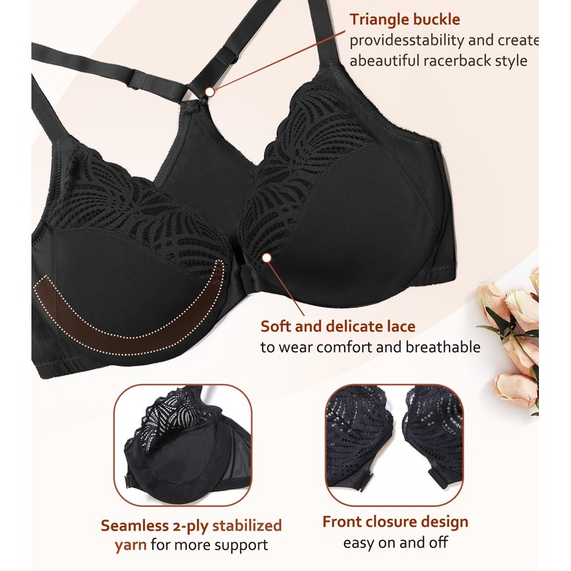 DotVol Women's Front Closure Underwire T-Back Full Figure Plus Size