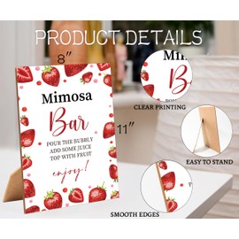 Strawberry Mimosa Bar Sign for Bridal Shower, 1 Pack Wooden Sign with Stand Tabletop Decor, Berry Sweet Bridal Shower Decoration, Engagement Bachelorette Party Supplies - JF03