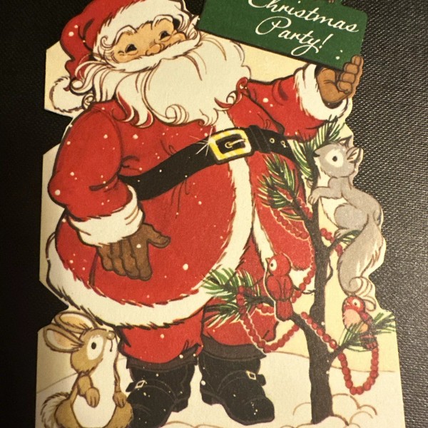 Vtg Christmas Card UNUSED Santa Diecut Invitation Squirrel Rabbit Cardinal