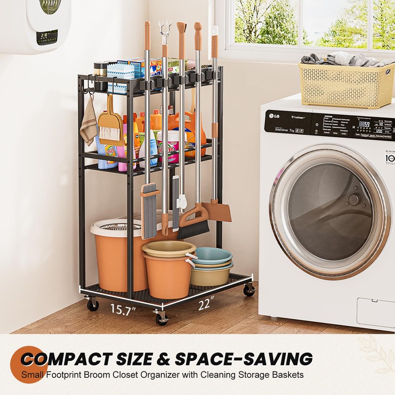 Broom Holder with Cleaning Supplies Organizer, Broom Closet Storage Cabinet