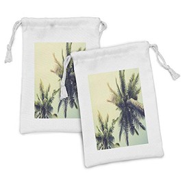 Ambesonne Palm Tree Fabric Pouch Set of 2, Coconut Trees on Tropical Beach Caribbean Coastline Ocean Summer, Small Drawstring Bag for Toiletries Masks and Favors, 9" x 6", Pale Yellow Green Brown