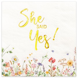 Crisky 3-Ply Engagement Napkins Floral Gold Foil She Said Yes Paper Disposable Napkins for Bachelorette/Engagement/Bridal Shower Party Decoration, 50 Counts