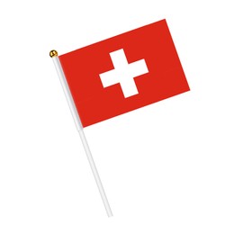 AhfuLife Small Swiss Flags for Decoration, Pack of 30 Swiss Mini Hand-Held Flags with 30 cm White Pole for August 1st National Day Party Home Garden Bar Decoration