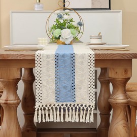 Boho Macrame Table Runner with Tassels 72 Inches Long, Blue/Beige Boho Fall RusticTable Runner, Farmhouse Woven Fall Home Decor Rustic Bridal Shower