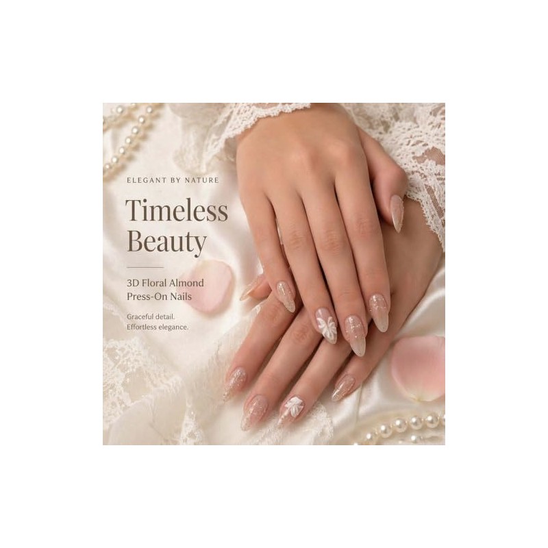 Uñas postizas medianas almendradas, color rosa nude con flores blancas