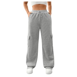 RoseSeek Girl's Elastic Waist Straight Leg Sweatpants Loose Casual Cargo Pants with Pocket Grey 12Y