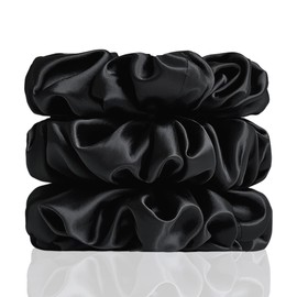 Feivea 3Pcs 22 Momme 100% Mulberry Silk Scrunchies for Women, Pure Silk Hair Ties for Women, No Damage Skinny Scrunchies, Black
