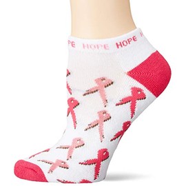 K BELL Women's Pop Culture Novelty No Show Low Cut Socks, Allover Pink Ribbon (White), Shoe Size: 4-10