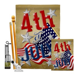 Angeleno Heritage 4th of July Kit Patriotic Fourth Independence Day Fireworks BBQ United State American Decoration Banner Small Yard Gift Double-Sided, House & Garden Flags Set w/Flagpole, Made In USA