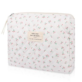 Makeup Bag Quilted Makeup Bags, Floral Cosmetic Bag for Women, Cute Cotton Makeup Bag, Flower Travel Toiletry Organizer Bag (White Cherry)
