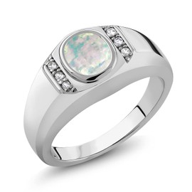 Gem Stone King Men's 925 Sterling Silver White Simulated Opal and White Created Sapphire Ring For Men | 1.11 Cttw | 8X6MM Oval Cabochon Cut | Available In Size 7, 8, 9, 10, 11, 12, 13