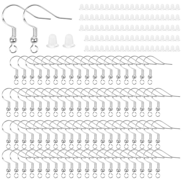 Earring Hooks Making Set, 100 Pieces Hook Ear Hooks, 925 Sterling Silver Ear Hooks, Earring Hooks, Hypoallergenic Ear Hooks and 100 Pieces Transparent Earring Safety Back for Earring Hooks Making