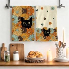 Black Cat Floral Dish Towels Kitchen Decor Set of 2, Cute Cat Kitchen Towel, Farmhouse Summer Flowers Tea & Hand Towels for Drying, Gifts for Cats Lovers Women