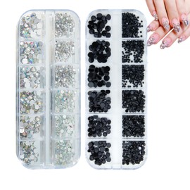 Shefun Rhinestone Nail Parts, Small Stones, Deco Parts, Black, White AB, Aurora, 2-Box Set, 2-~5mm, Large Capacity, Approx. 2000 Pieces, Gel Nail, Nail Stones, Resin Parts, Sparkling, Beads, Stones