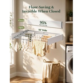 32'' Wall Mounted Clothes Drying Rack, Foldable & Collapsible Wall Mount Laundry Rack w/ 5 Thickened Rods & 4 Hooks, Space Saver Hanging Drying Rack Clothing for Laundry Room Bathroom Indoor