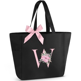 Vavabox Tote Bag, A-Z Initial Monogrammed Waterproof Tote Bag, Bridesmaid Gifts for Women, Black and Pink (W, Black)
