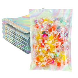 Smell Proof Resealable Mylar Foil Bags, 6x9 Inch Holographic Rainbow Ziplock Pouch for Food Storage Reusable Aluminum Sample Bags Airtight Packaging for Party Favors & Small Business, 50 Pack