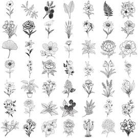 Black and White Vintage Retro Flower Plant Waterproof Stickers 50PCS for Water Bottle Guitar Luggage Phone Notebook DIY Craft Scrapbook Laptop,Black&White Aesthetics Decals for Kids Teens Adults